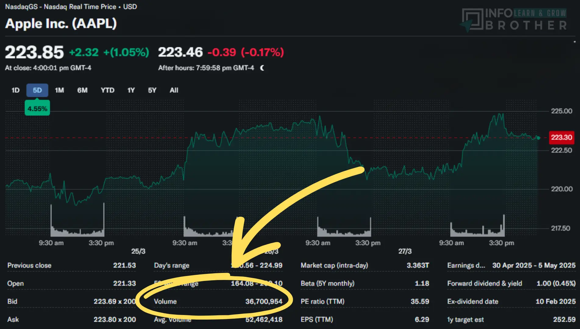 Stock volume showing the total number of AAPL shares traded
