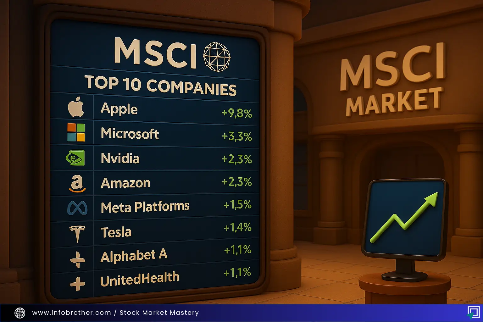 The MSCI world index, displaying the top 10 companies listed.