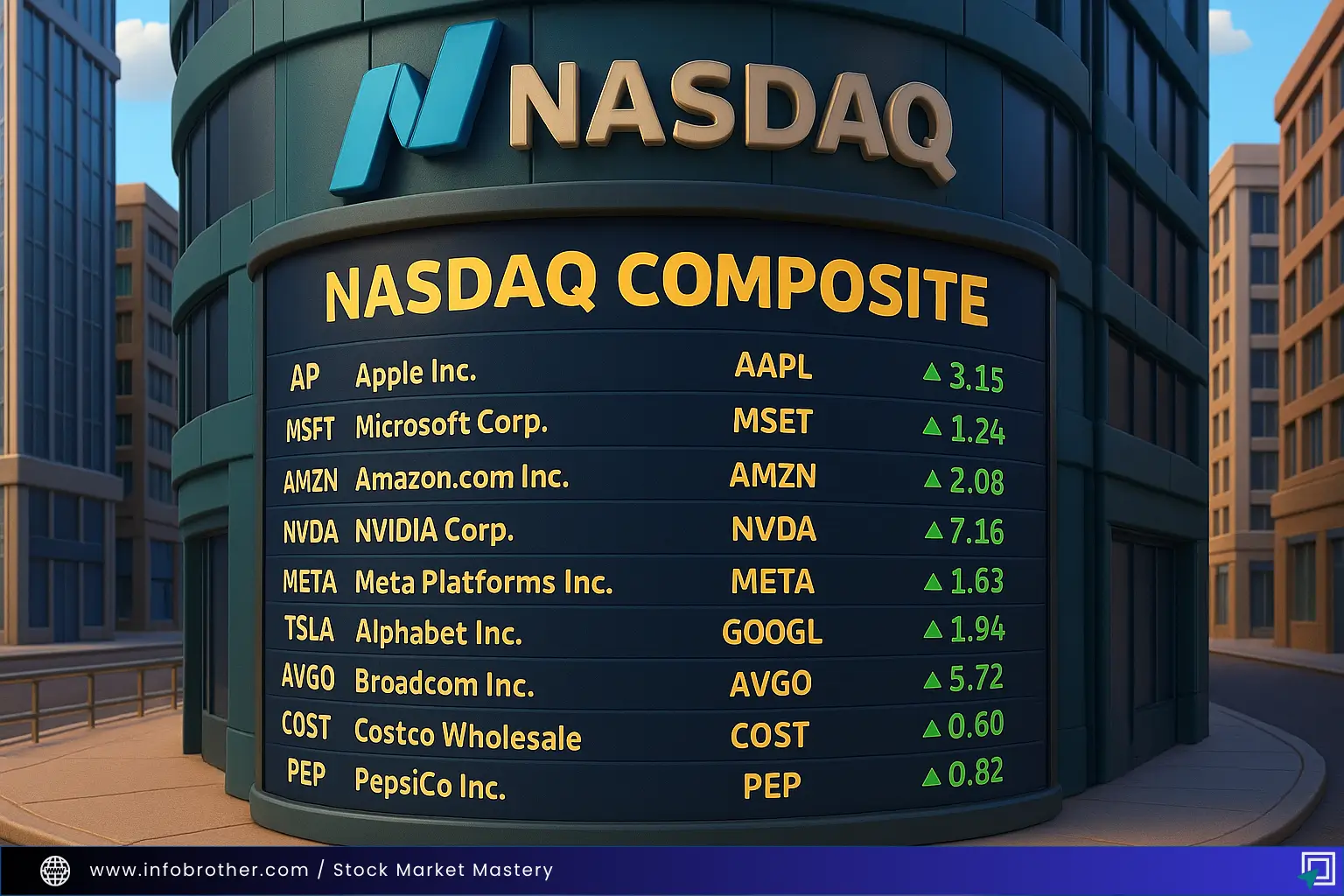 The NASDAQ stock exchange, displaying the top 10 companies listed.
