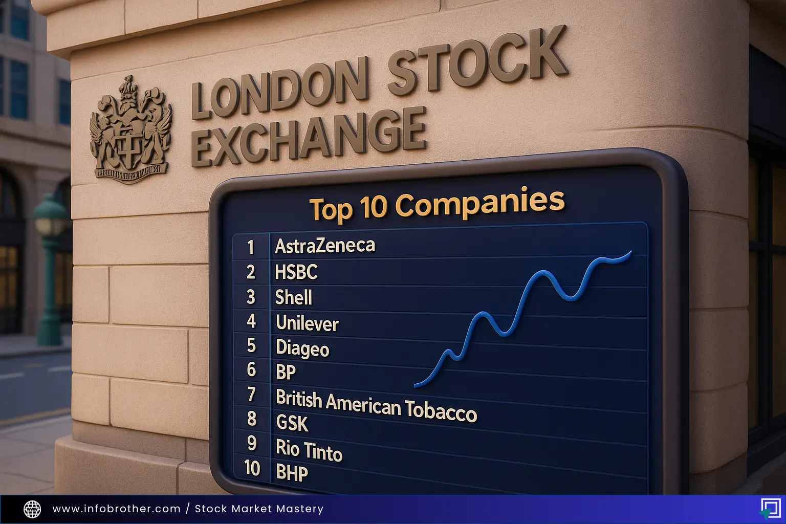 The London Stock Exchange (LSE), displaying the top 10 companies listed.