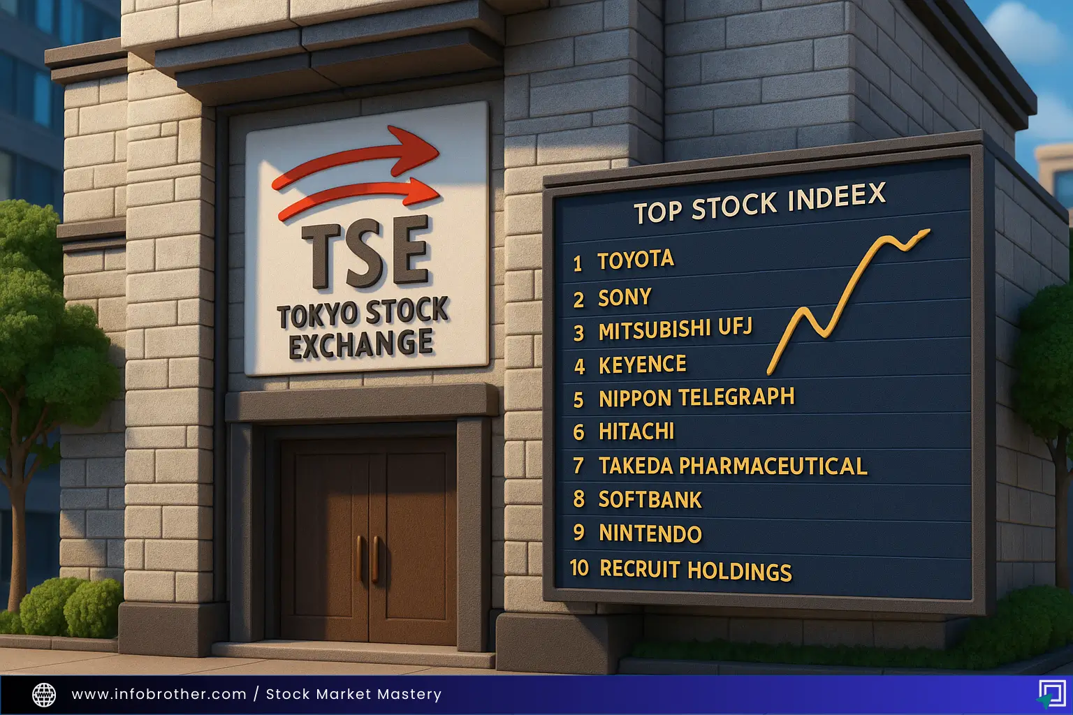 The Tokyo Stock Exchange (TSE), displaying the top 10 companies listed.